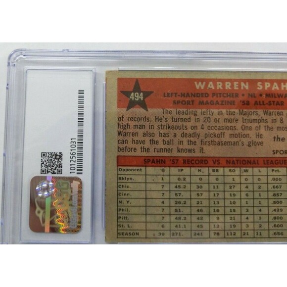 1958 Topps All Star - Warren Spahn - #494 Milwaukee Braves - CSG: 2.5 Good + - Picture 7 of 10
